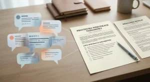 Ilustracja dymków opinii użytkowników obok dokumentu weryfikacyjnego